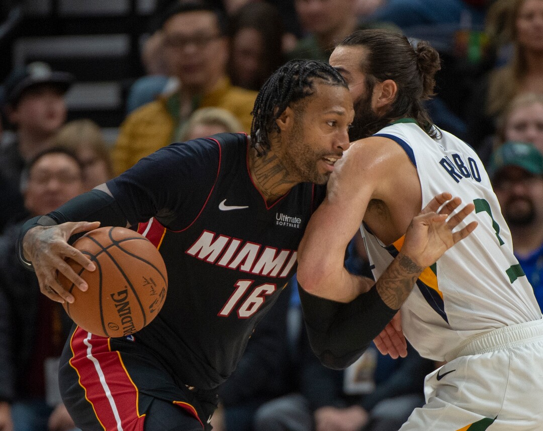 (Rick Egan  |  The Salt Lake Tribune)     Miami Heat forward James Johnson (16) tries to work the ball inside, as Utah Jazz guard Ricky Rubio (3) defends, in NBA action between Utah Jazz and Miami Heat, at Viint Smart Home Arena Wednesday, Dec. 12, 2018.