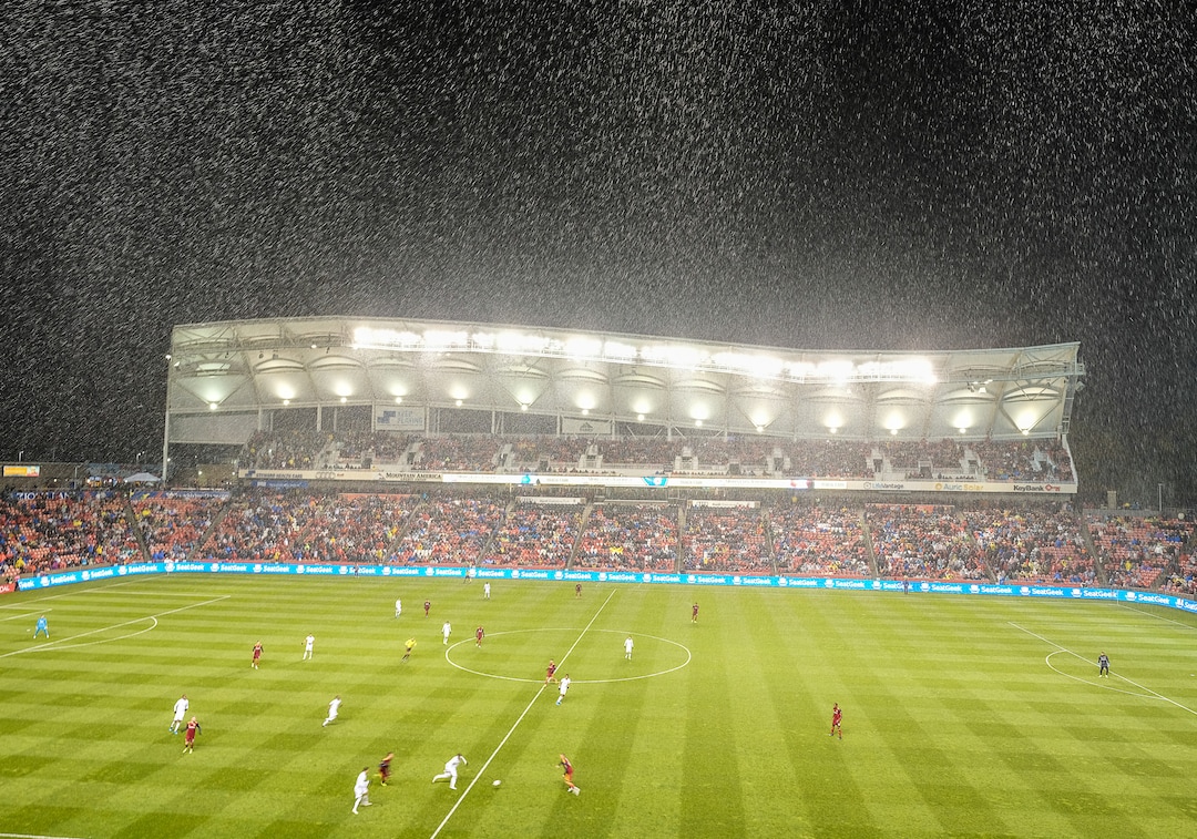 (Francisco Kjolseth  |  The Salt Lake Tribune)  Pouring rain turns to snow as Real Salt Lake and the Portland Timbers play in their first MLS playoff game at Rio Tinto Stadium in Sandy, Utah on Saturday, Oct. 19, 2019.