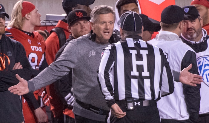 Utah head coach Kyle Whittingham reacts to a call by the official in PAC-12 football action Utah Utes vs. Colorado Buffaloes at Rice-Eccles stadium, Saturday, November 25, 2017.