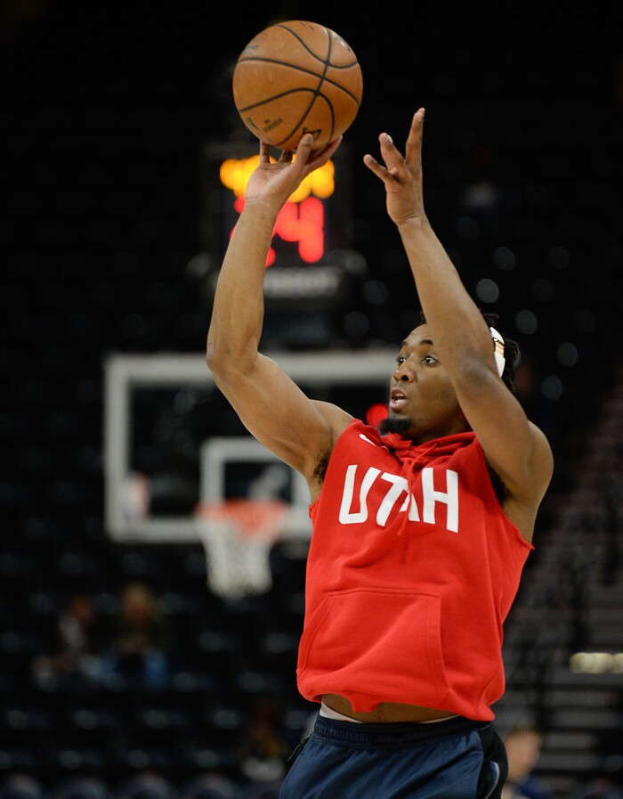(Francisco Kjolseth  |  The Salt Lake Tribune)  Utah Jazz guard Donovan Mitchell (45) warms up before the Sacramento Kings NBA game at Vivint Smart Home Arena Wed., Nov. 21, 2018, in Salt Lake City.
