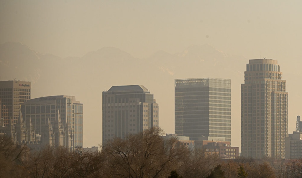 Francisco Kjolseth | Tribune file photo) Pollution obscures the skyline as it continues to settle into Salt Lake City, as seen on Jan. 17, 2017. State officials are predicting Wednesday will be the first no-burn day of the current winter season.