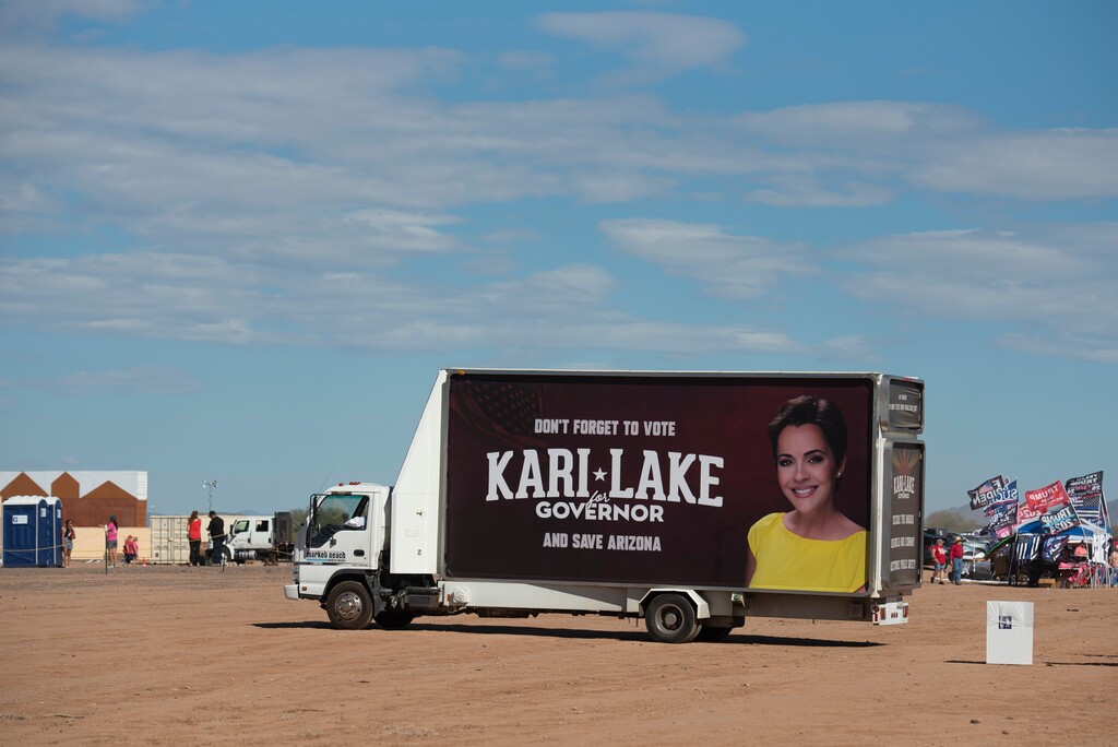 (Rebecca Noble | The New York Times)

A mobile billboard of Kari Lake, the Republican nominee for governor of Arizona, at a rally with former President Donald Trump in Mesa, Ariz. on Sunday, Oct. 9, 2022. “She (Kari Lake) is Donald Trump in lipstick. But she delivers her divisiveness in the calm and measured tones of a person reading the news rather than a man who froths at the mic,” writes New York Times columnist Charles M. Blow.