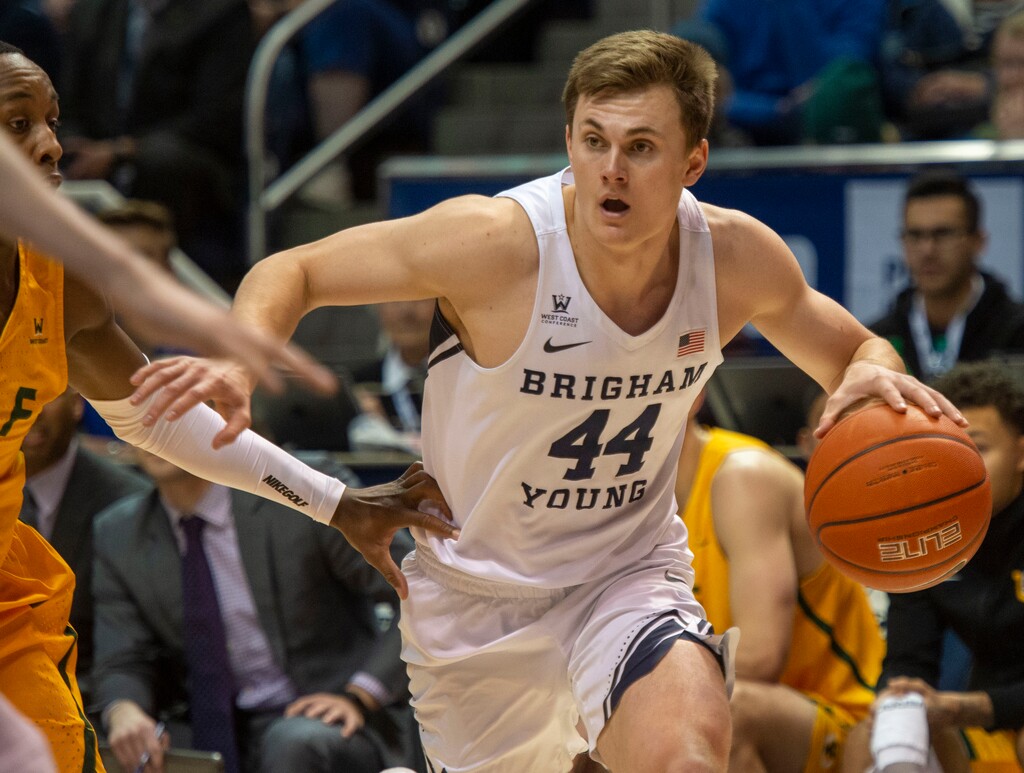(Rick Egan  |  The Salt Lake Tribune)      Brigham Young Cougars guard Connor Harding (44) goes to the hoop, in WCC basketball action at the Marriott Center, Thursday, February 21, 2018.