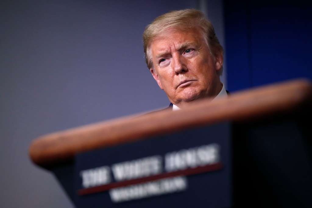 (Alex Brandon | AP file photo) On April 22, President Donald Trump listens during a briefing about the coronavirus in the James Brady Press Briefing Room of the White House, in Washington. After two months of frantic response to the coronavirus pandemic, the White House is planning to shift President Trump’s public focus to the burgeoning efforts aimed at easing the economic devastation.
