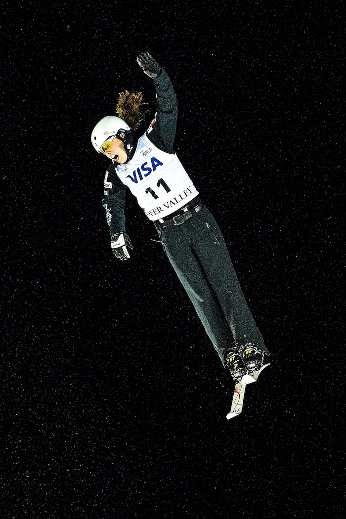 (Chris Detrick  |  The Salt Lake Tribune)  USA's Ashley Caldwell (11) competes in the Ladies' Aerial Finals during the FIS Visa Freestyle International Ski World Cup at Deer Valley Resort Friday, January 12, 2018.  Caldwell finished in seventh place. 
