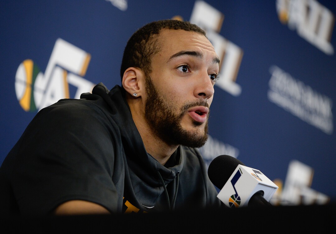(Francisco Kjolseth  |  The Salt Lake Tribune)  Utah Jazz center Rudy Gobert speaks with the media during exit interviews at their practice facility in Salt Lake City Wed., May 8, 2018, after losing to the Houston Rockets in game 5 of their Western Conference Semifinals during the 2018 NBA Playoffs.