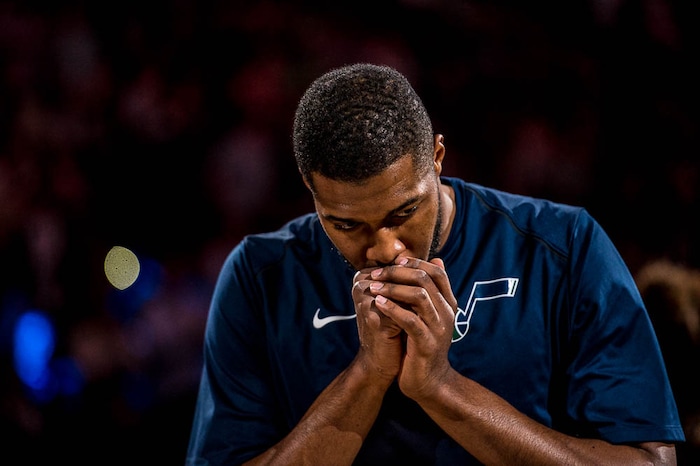 (Trent Nelson | The Salt Lake Tribune)  
Utah Jazz vs. Boston Celtics, NBA basketball in Salt Lake City, Wednesday March 28, 2018. Utah Jazz forward Derrick Favors (15).