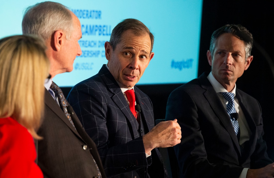 (Rick Egan  |  The Salt Lake Tribune)          Vice Admiral Dick Gallagher U.S. Navy (ret.)  listens as Congressman John Curtis, makes a few comments during a forum on how American aid strengthens national security and creates opportunities for Utah businesses, sponsored by the U.S. Global Leadership Coalition, at Thanksgiving Point, Friday, April 5, 2019.