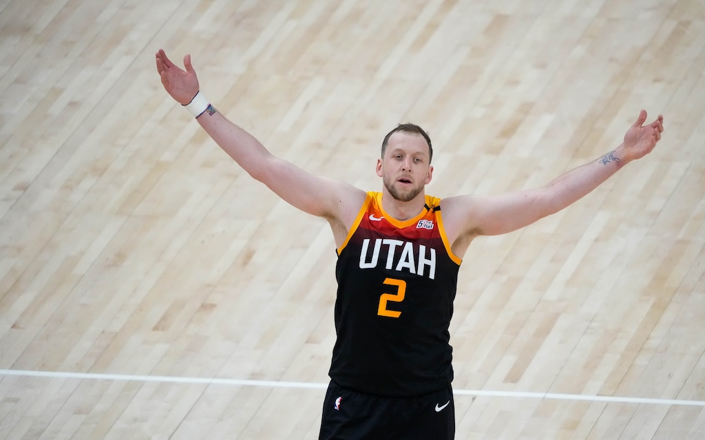 (Francisco Kjolseth | The Salt Lake Tribune) Utah Jazz guard Joe Ingles (2) throws his arms in the air as he disputes a call in NBA action between the Utah Jazz and the Portland Trail Blazers, at Vivint Smart Home Arena, on Wednesday, May 12, 2021.