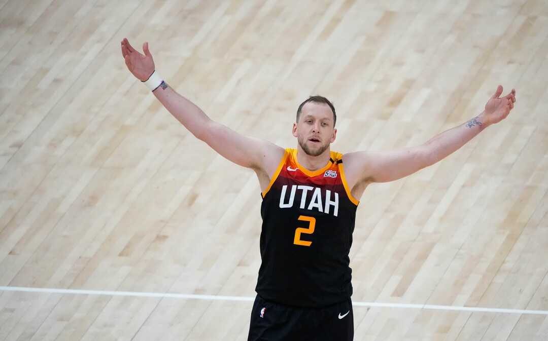 (Francisco Kjolseth | The Salt Lake Tribune) Utah Jazz guard Joe Ingles (2) throws his arms in the air as he disputes a call in NBA action between the Utah Jazz and the Portland Trail Blazers, at Vivint Smart Home Arena, on Wednesday, May 12, 2021.