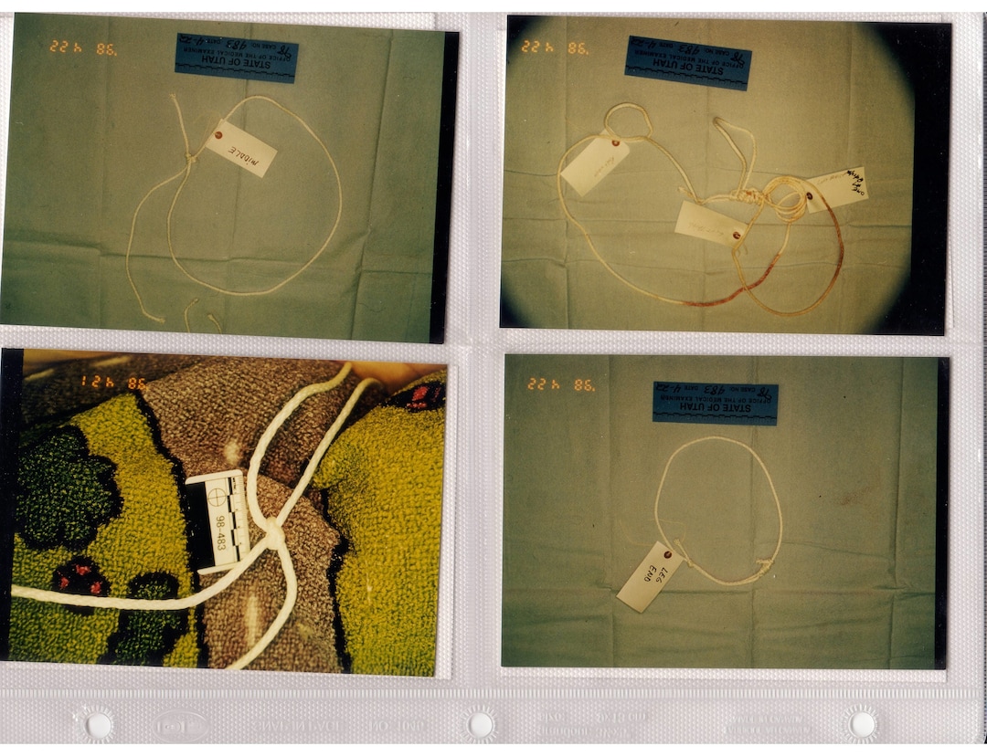 (Photo courtesy of the Utah Department of Public Safety) These are four pictures taken of the ropes wrapped around a woman's body that was found in Utah in 1998. She has not been identified since then, and police are asking for the public's help.