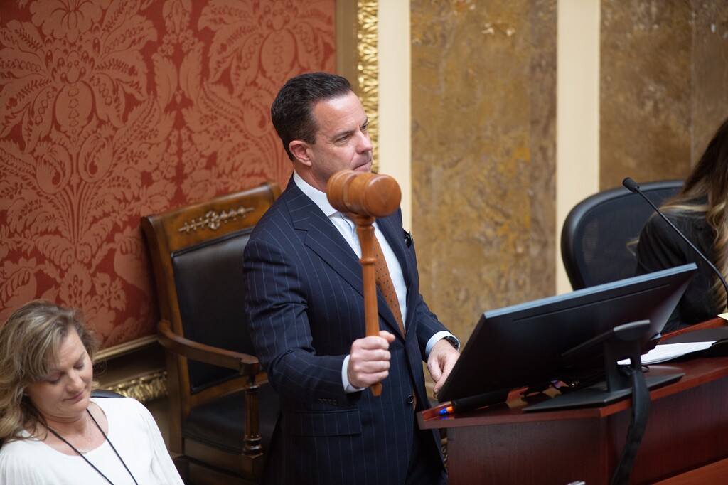 (Rachel Rydalch | The Salt Lake Tribune) House Speaker Brad Wilson, R-Kaysville, drops the gavel for the start of the 2022 legislative session in the Senate chamber at the Utah Capitol in Salt Lake City on Tuesday, Jan. 18, 2022.