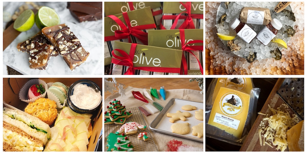 (Courtesy photos) Last-minute gifts for Christmas, clockwise from upper left: small-batch toffee at Cache Toffee, gifts from Olive in Trolley Square, the oyster kit at SLC Eatery, mac 'n' cheese gift box from Utah’s Rockhill Creamery, cookie decorating kit from Flourish Bakery and the tea party to-go from Honey Tea Hive.