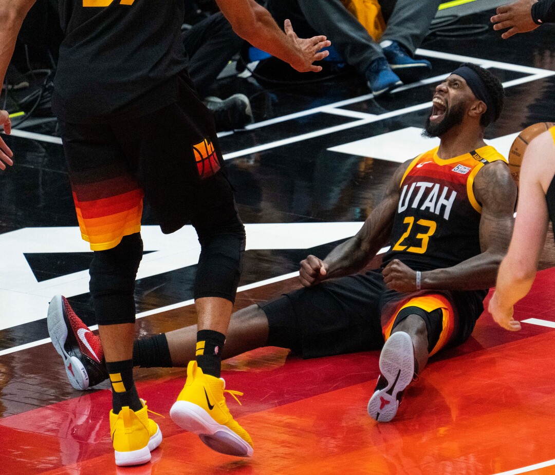 (Rick Egan | The Salt Lake Tribune) Utah Jazz forward Royce O'Neale (23) reacts after drawing a foul, in second round playoff action in game 2 between the Utah Jazz and the LA Clippers, at Vivint Arena, on Thursday, June 10, 2021.