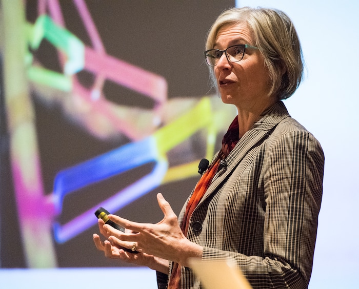 (Rick Egan  |  The Salt Lake Tribune)        UC Berkeley researcher Jennifer Doudna, gives a lecture on “Rewriting the Language of Life: The Biology, Technology and Ethics of DNA Editing."  at the Huntsman Cancer Institute, Thursday, March 22, 2018.



