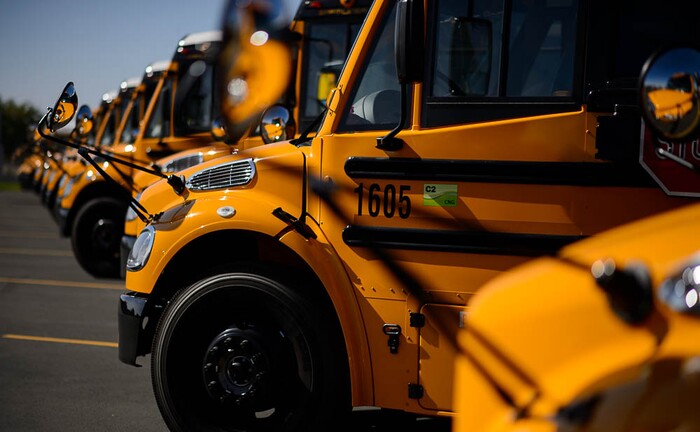 (Trent Nelson | The Salt Lake Tribune)
Thirty-six new CNG school buses have been added to the Jordan School District fleet this year, bringing the total to 105, the largest fleet of CNG school buses in Utah. Wednesday Sept. 12, 2018.