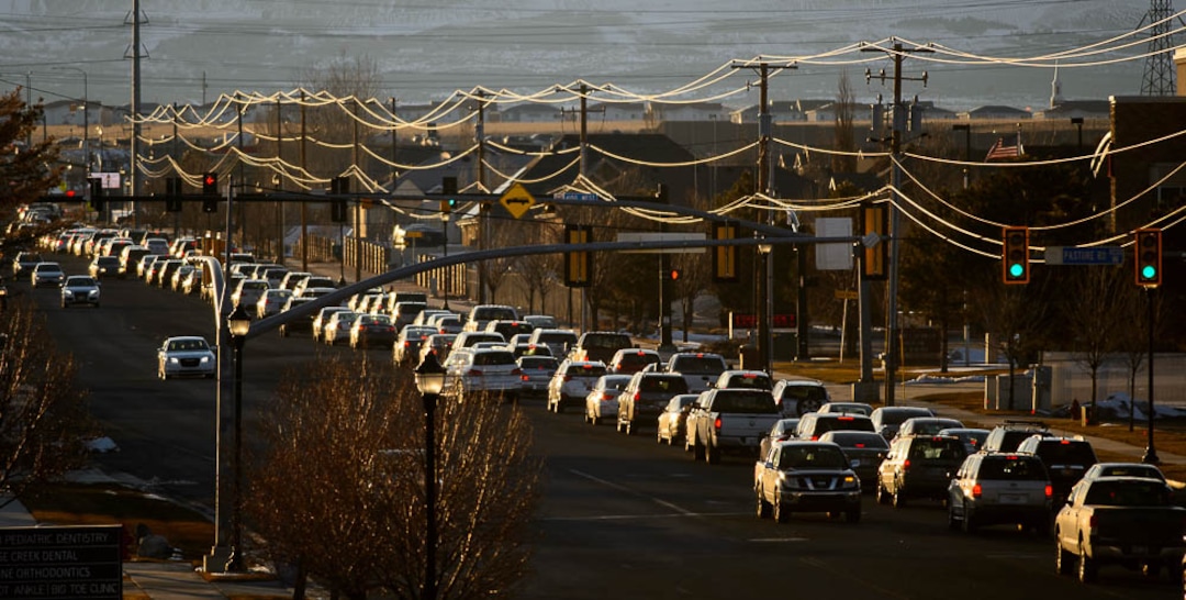 (Trent Nelson | The Salt Lake Tribune)  Rush hour traffic heading west, backed up on 12600 South at Bangerter Highway in Riverton on Friday Feb. 22, 2019. Mayors in southwest Salt Lake County say that area is in a transportation crisis, as major east-west roads serving the area are overwhelmed with traffic at rush hour.