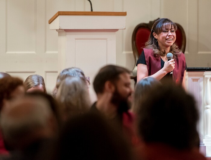 (Michael Mangum  |  Special to the Tribune)

Vicky Chavez speaks to the congregation during a vigil held at First Unitarian Church in Salt Lake City, UT on Wednesday, January 30th, 2019. The vigil marked the one-year anniversary of when Chavez came to the church seeking sanctuary from deportation.