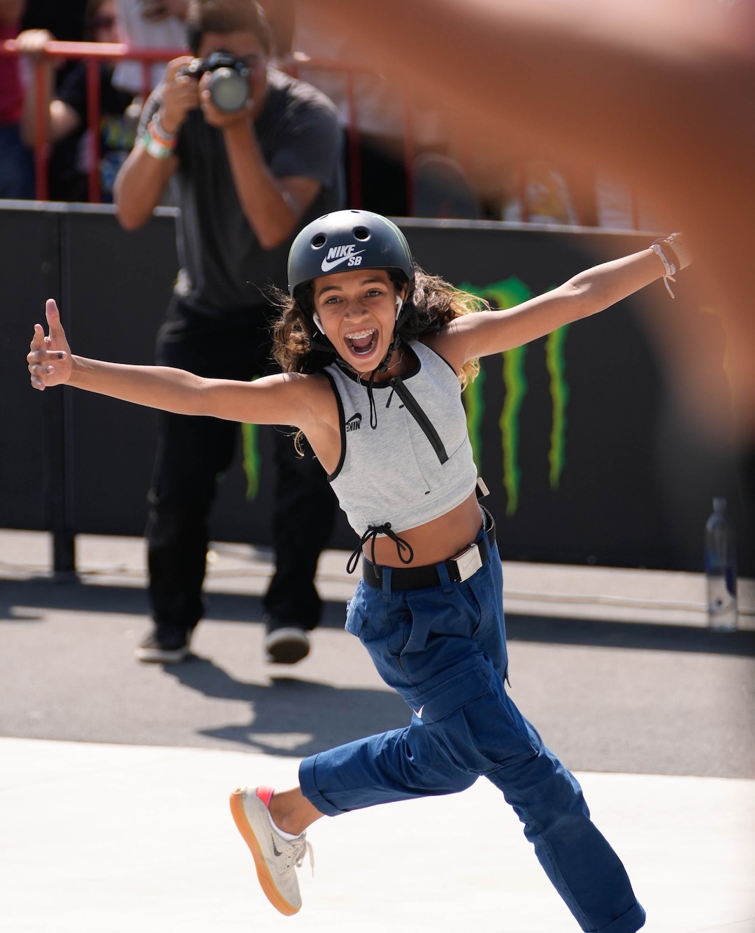 (Francisco Kjolseth | The Salt Lake Tribune) Rayssa Leal of Brazil jumps for joy as she celebrates nailing her final trick and a first place finish in the Street League Skateboarding Championship Tour at the Utah State Fairpark in Salt Lake City on Saturday, Aug. 28, 2021.