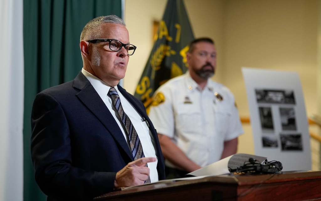 (Francisco Kjolseth | The Salt Lake Tribune) Salt Lake County Sheriff Detective Ben Pender speaks during a press conference asking for public’s help in solving a 54-year-old unsolved homicide involving Carolyn Kingston and Michael Bown on Friday, Nov. 7, 2025. Both were shot in an apparent robbery at Natter’s Market where Bown was pronounced dead at the scene and Kingston succumbed to her injuries two years later. 