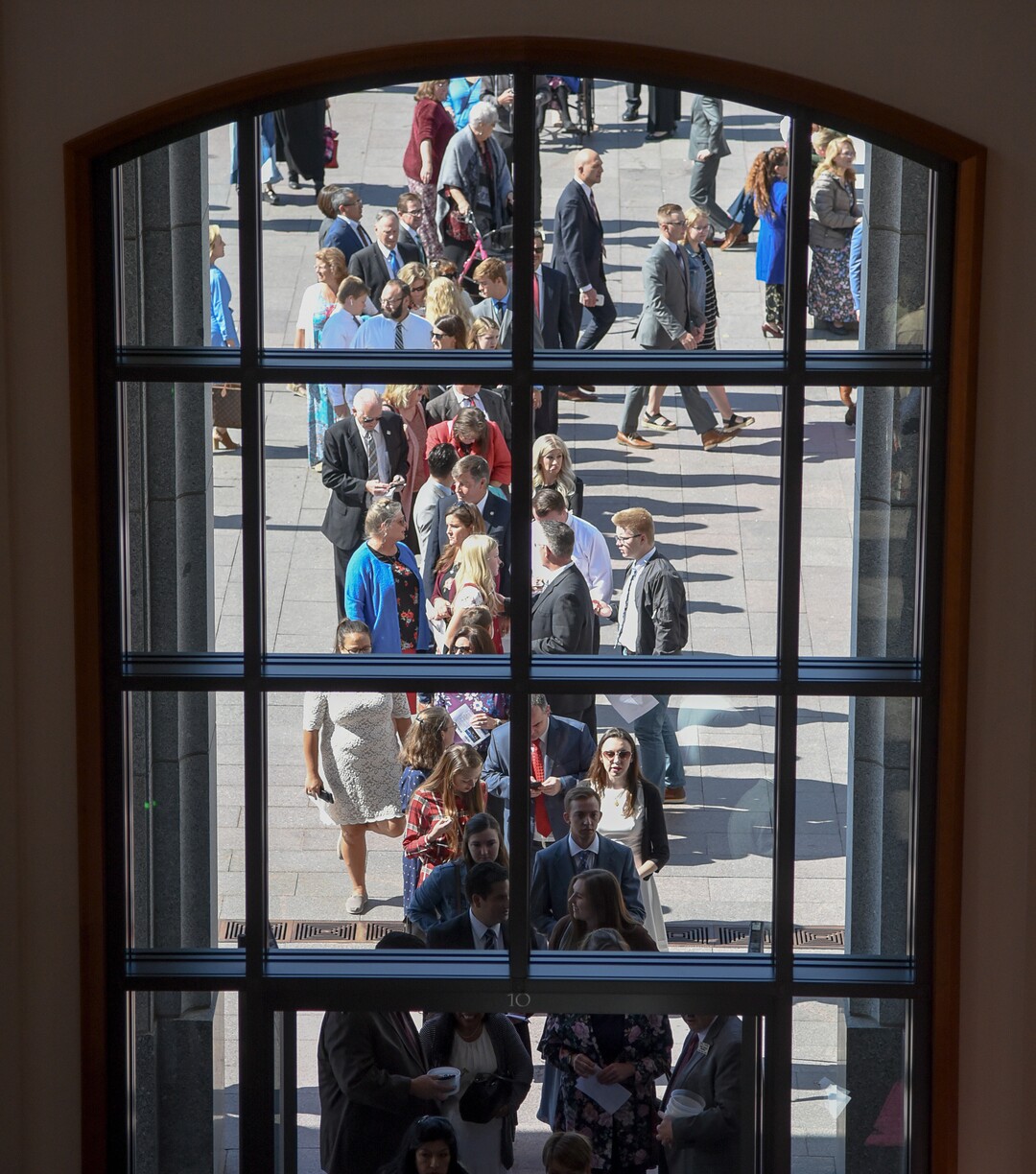 (Francisco Kjolseth  |  The Salt Lake Tribune)  People line up to go through security during the Sunday session of the 189th twice-annual General Conference of The Church of Jesus Christ of Latter-day Saints at the Conference Center in Salt Lake City on Sunday, Oct. 6, 2019.