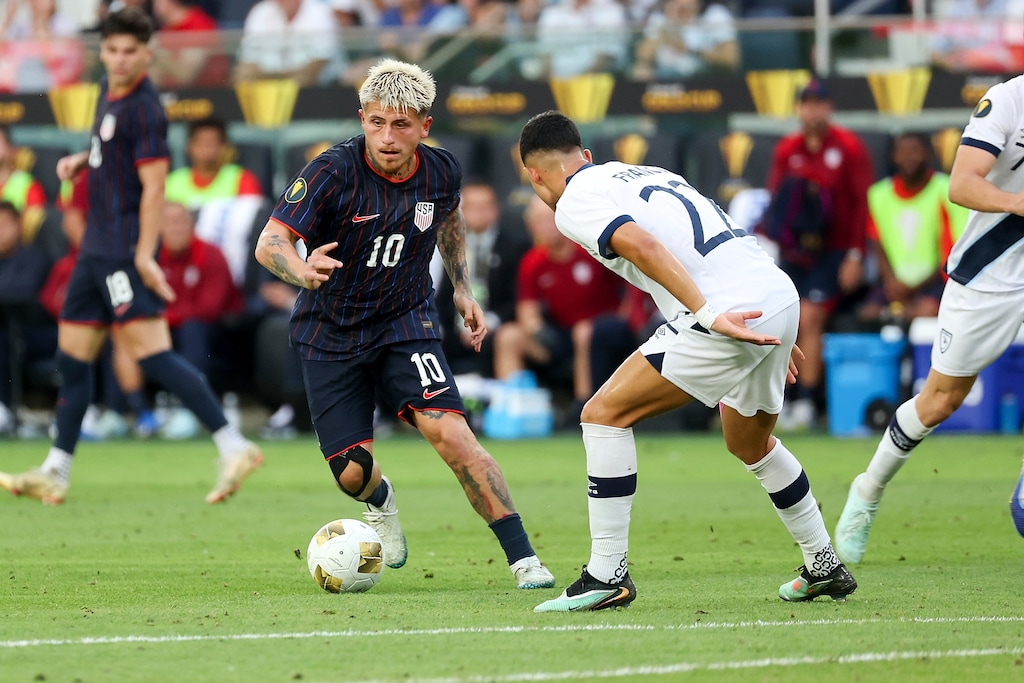 (Scott Kane | AP) United States midfielder Diego Luna (10) controls the ball while under pressure from Guatemala midfielder Jonathan Franco (22) during the second half of a CONCACAF Gold Cup semifinal soccer match, Wednesday, July 2, 2025, in St. Louis.