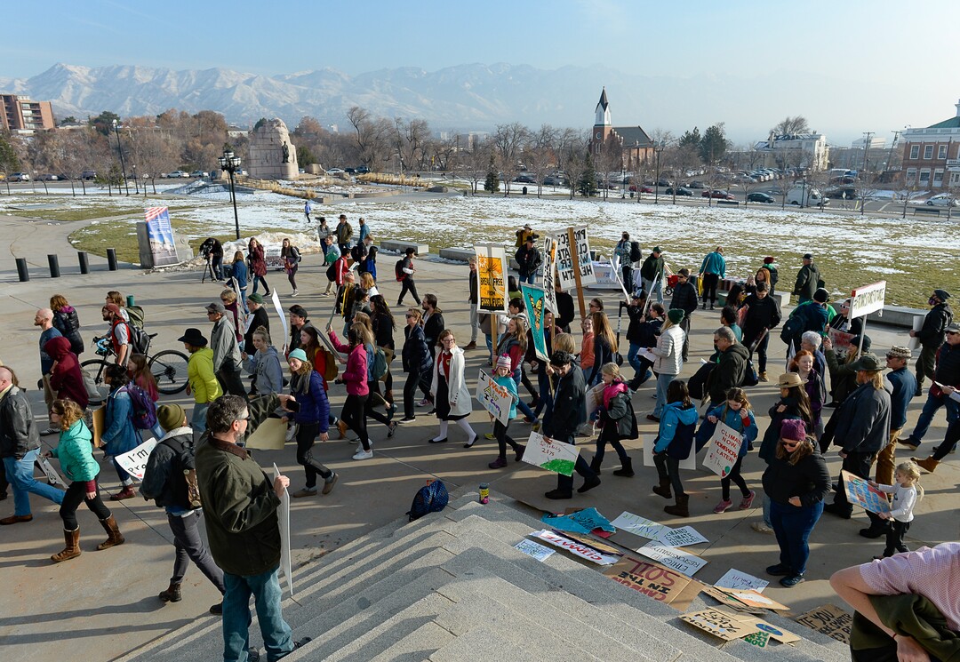 (Francisco Kjolseth  |  The Salt Lake Tribune)  Fridays For Future, Utah Youth Environmental Solutions, and partners strike in opposition to UtahÕs final oil and gas lease sale of 2019 that will auction off public lands and further fossil fuel development during a rally on the steps of the Utah Capitol on Friday, Dec. 6, 2019, that then moved inside landing outside of Gov. Gary Herbert's office with loud chants.