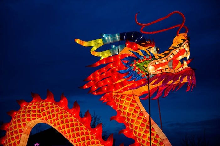 (Trent Nelson | The Salt Lake Tribune)  Dragon Lights SLC, opening March 23 at the Utah State Fairpark, includes 39 custom-built illuminated exhibits, traditional Chinese handicrafts, dance and acrobatic performances, and a variety of Chinese food and traditional fair food and beverages.