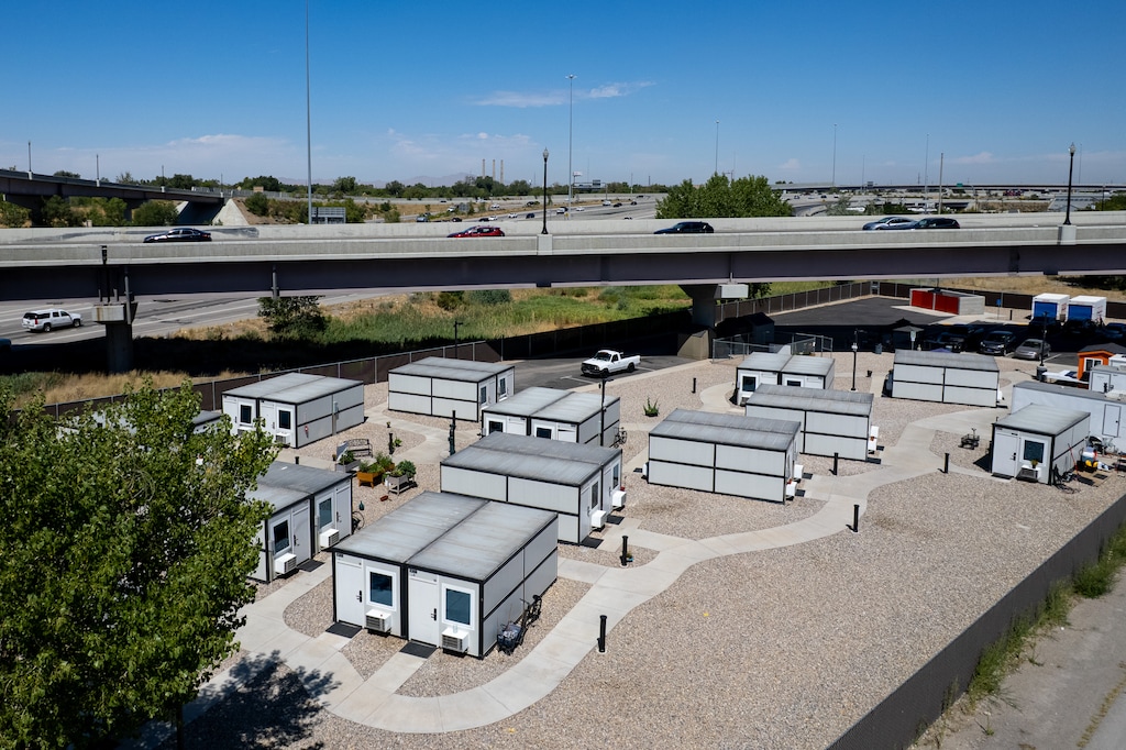 (Trent Nelson  |  The Salt Lake Tribune) A microshelter community near 500 South and 700 West in Salt Lake City on Wednesday, Aug. 13, 2025.
