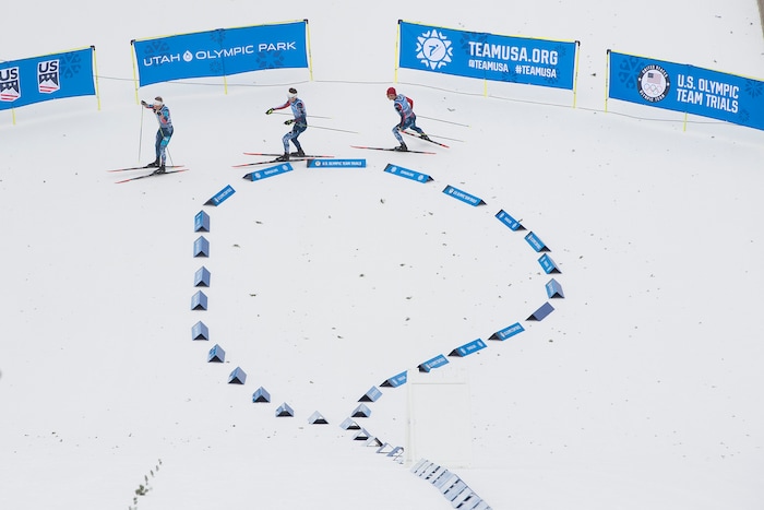 (Scott Sommerdorf   |  The Salt Lake Tribune)   
Bryan Fletcher, right, catches Ben Berend and Jasper Good on this turn on his way to winning the Nordic Combined Olympic Trials in Park City, Saturday, December 30, 2017. Fletcher started out the race with a 1:24 defecit to make up on the leader.