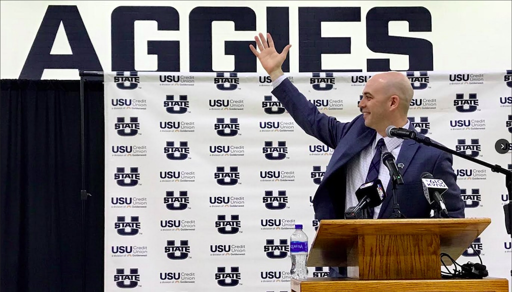 New Utah State men's basketball coach Craig Smith responds to the crowd during Tuesday morning's news conference introducing him as the Aggies' coach. | Tribune staff photo by Aaron Falk