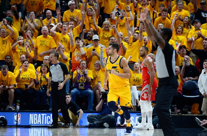 (Scott Sommerdorf | The Salt Lake Tribune)
Jazz fans erupt after a Utah Jazz guard Raul Neto (25) 3-pointer dropped. The Rockets beat the Jazz 100-87, Sunday, May 6, 2018.