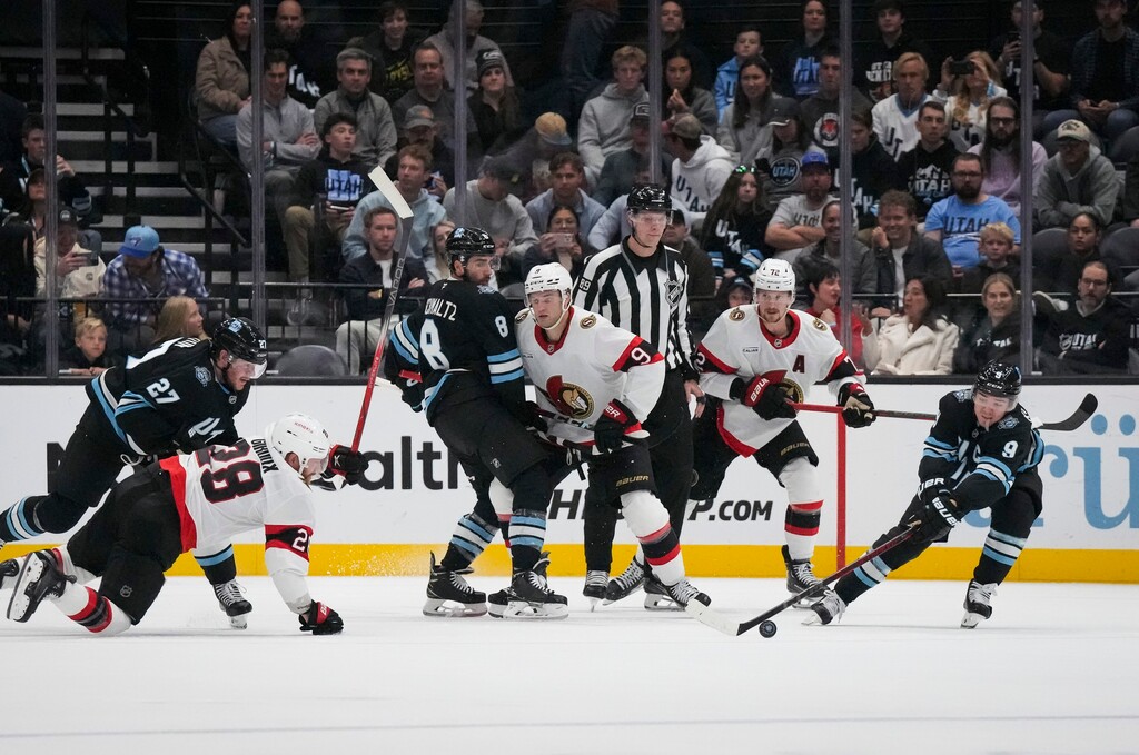 (Bethany Baker  |  The Salt Lake Tribune) Utah Hockey Club center Clayton Keller (9) vies for the puck during the game between the Utah Hockey Club and the Ottawa Senators at the Delta Center in Salt Lake City on Tuesday, Oct. 22, 2024.