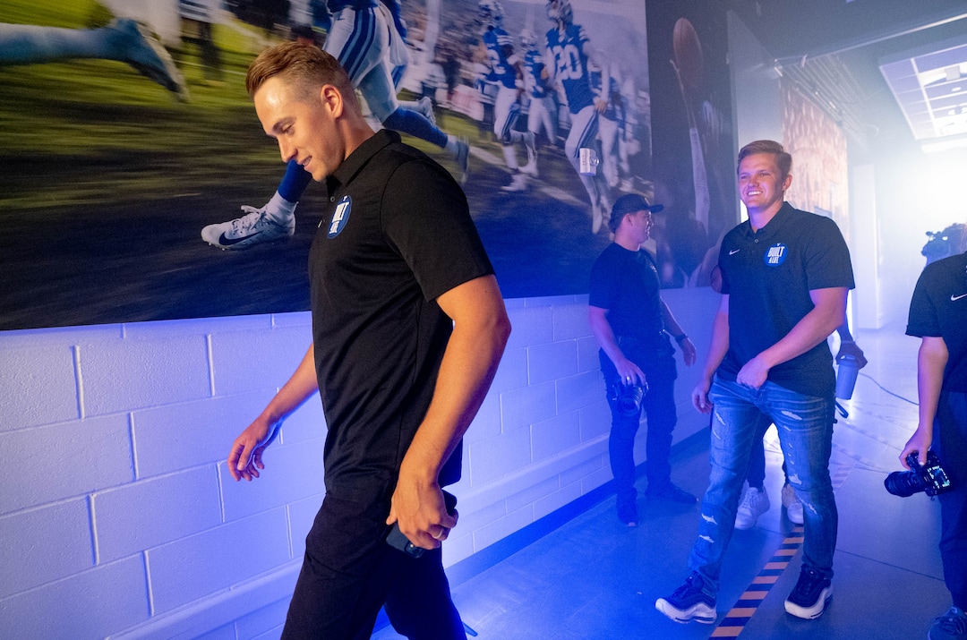 (Francisco Kjolseth | The Salt Lake Tribune) Quarterbacks Baylor Romney, left, and Jacob Conover participate in BYU Football Media Day in the BYU Broadcasting Building in Provo on Thursday, June 17, 2021.