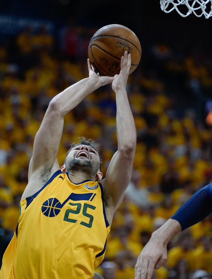 (Francisco Kjolseth | The Salt Lake Tribune) Utah Jazz guard Raul Neto (25) drives the ball against the Houston Rockets in Game 4 of the NBA playoffs at the Vivint Smart Home Arena Sunday, May 6, 2018 in Salt Lake City.