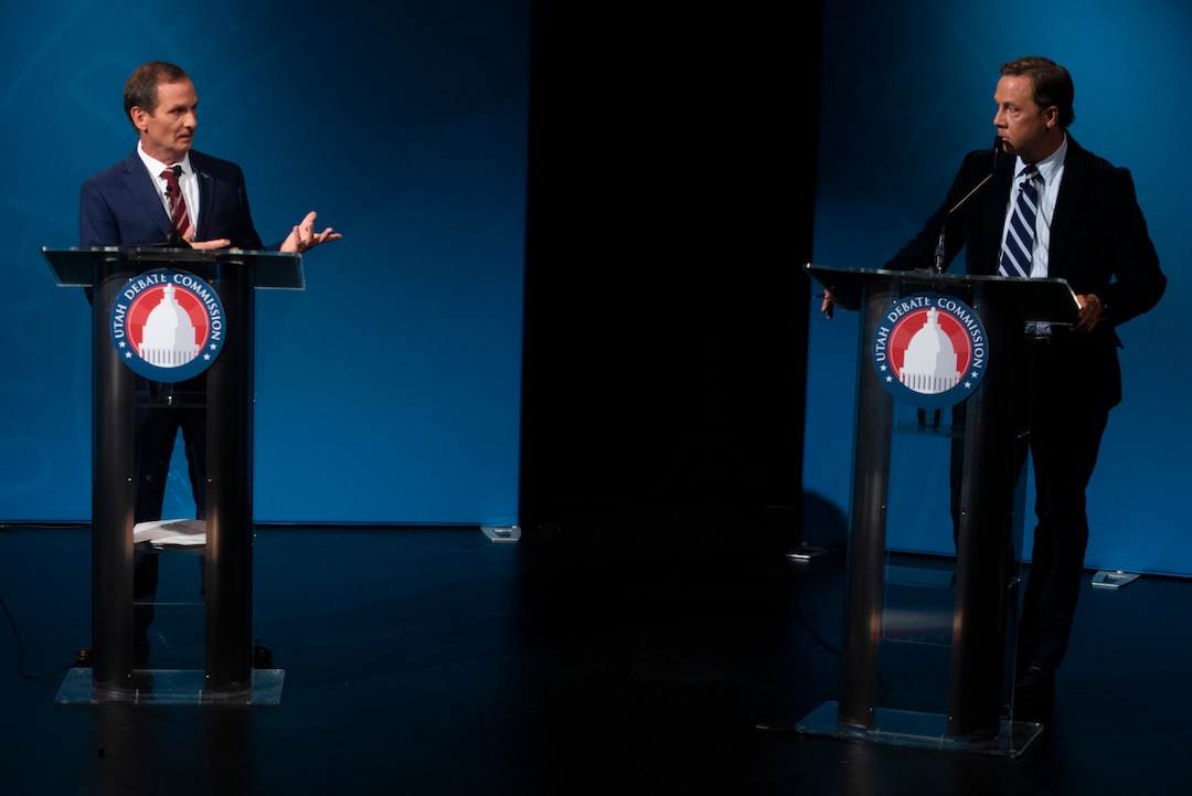 (Rick Egan  |  The Salt Lake Tribune)     Chris Stewart (R) speaks to Kael Weston (D), during the Utah 2nd CongressionalDistrict	debate between J. Robert Latham (L), Chris Stewart (R) and Kael Weston (D), at KSL Studio in Salt Lake City, on Monday, October 19, 2020