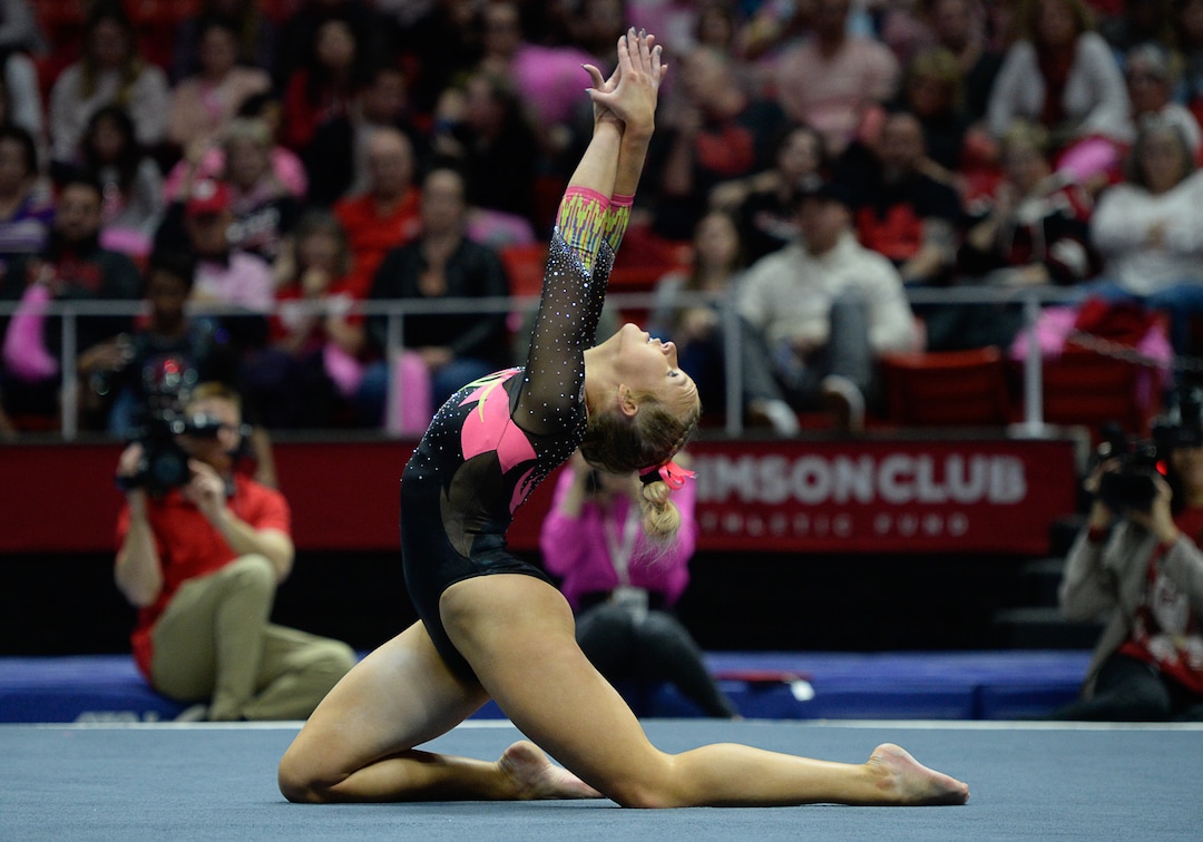 (Francisco Kjolseth  |  The Salt Lake Tribune) Abby Paulson performs her floor routine as the fourth-ranked University of Utah Red Rocks gymnastics team host Stanford, Friday, March 6, 2020, at the Jon M. Huntsman Center in Salt Lake City.