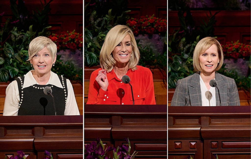 (The Church of Jesus Christ of Latter-day Saints) The three women who spoke at the most recent edition of General Conference, from left: President Emily Belle Freeman, head of the global Young Women organization; her first counselor, Tamara Runia; and Amy Wright, first counselor in the children’s Primary general presidency.