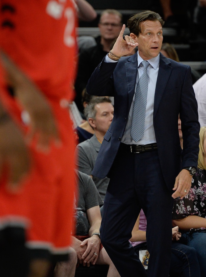 (Francisco Kjolseth  |  The Salt Lake Tribune)  Jazz head coach Quin Snyder signals his players in the first half of the preseason NBA game at Vivint Smart Home Arena Tuesday, Oct. 2, 2018, in Salt Lake City against the Raptors.
