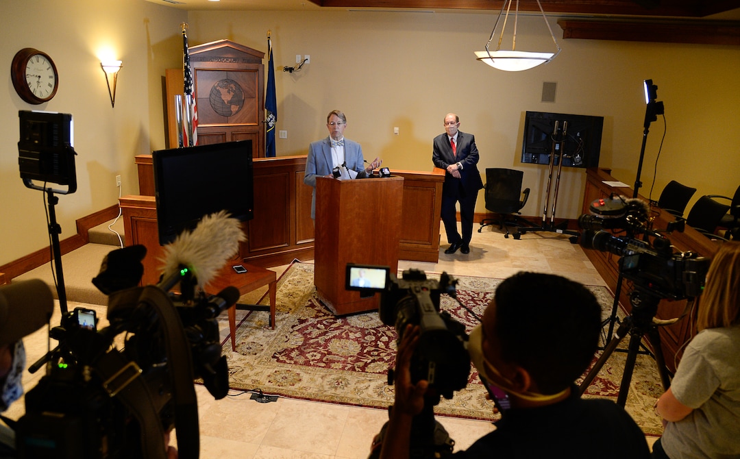 (Francisco Kjolseth  |  The Salt Lake Tribune) Attorneys Jim McConkie, left, and Brad Parker address the media on Monday, May 18, 2020, after their clients Jill and Matt McCluskey (via zoom) joined the press event at the attorney's offices in Murray, regarding newly discovered evidence and recent developments in Lauren McCluskey's case.