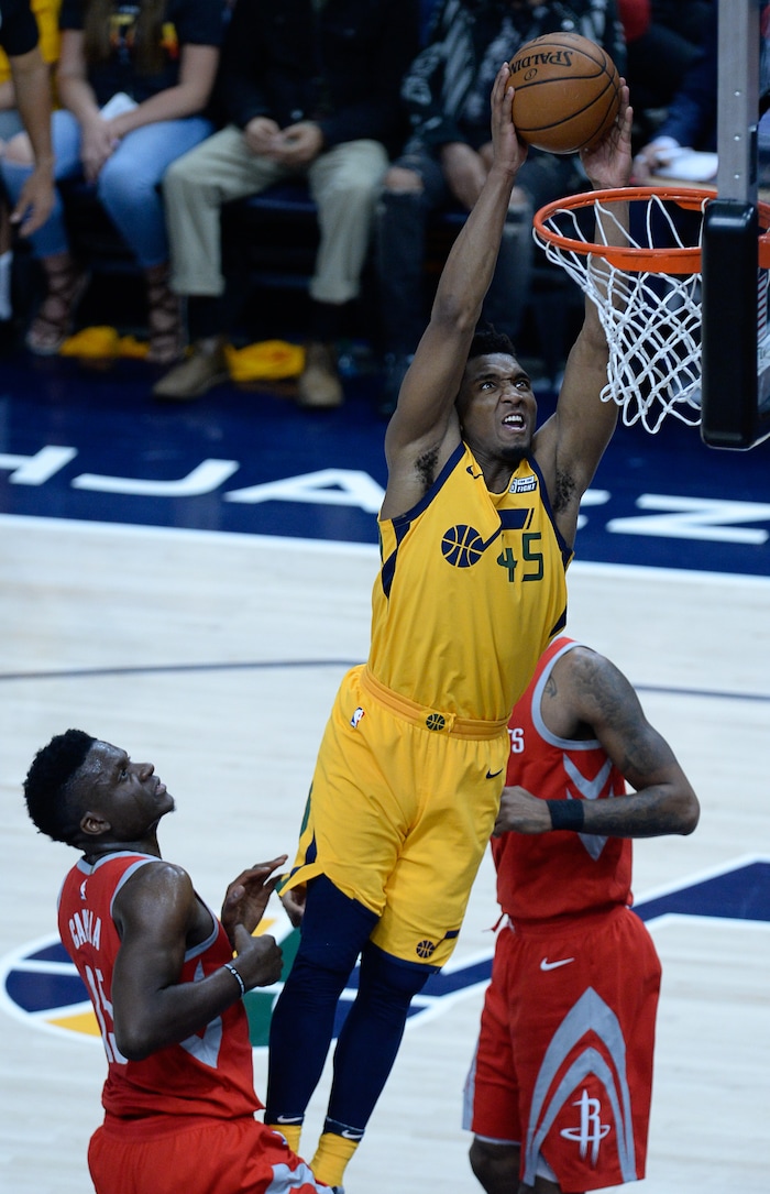 (Francisco Kjolseth | The Salt Lake Tribune) Utah Jazz guard Donovan Mitchell (45) sinks one past the Houston Rockets in Game 4 of the NBA playoffs at the Vivint Smart Home Arena Sunday, May 6, 2018 in Salt Lake City during the final minutes. Houston took a 3-1 series lead over the Jazz with a final score of 100 to 87.