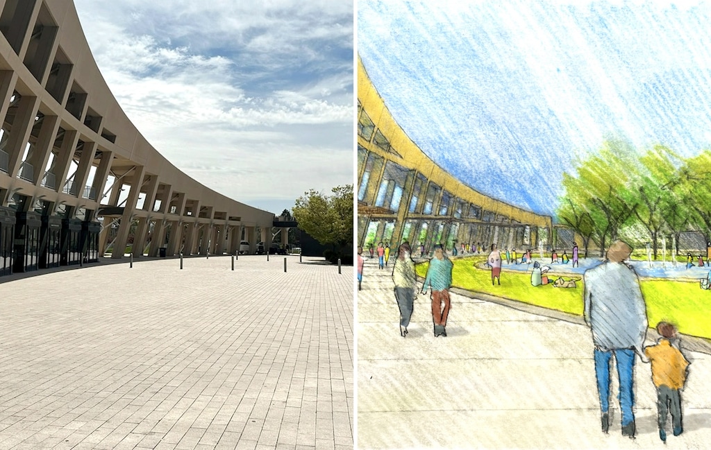 (GNN, via Salt Lake City) A view of the plaza next to Salt Lake City's Main Library and a rendering of a proposed remodel under the city's new Civic Center vision.