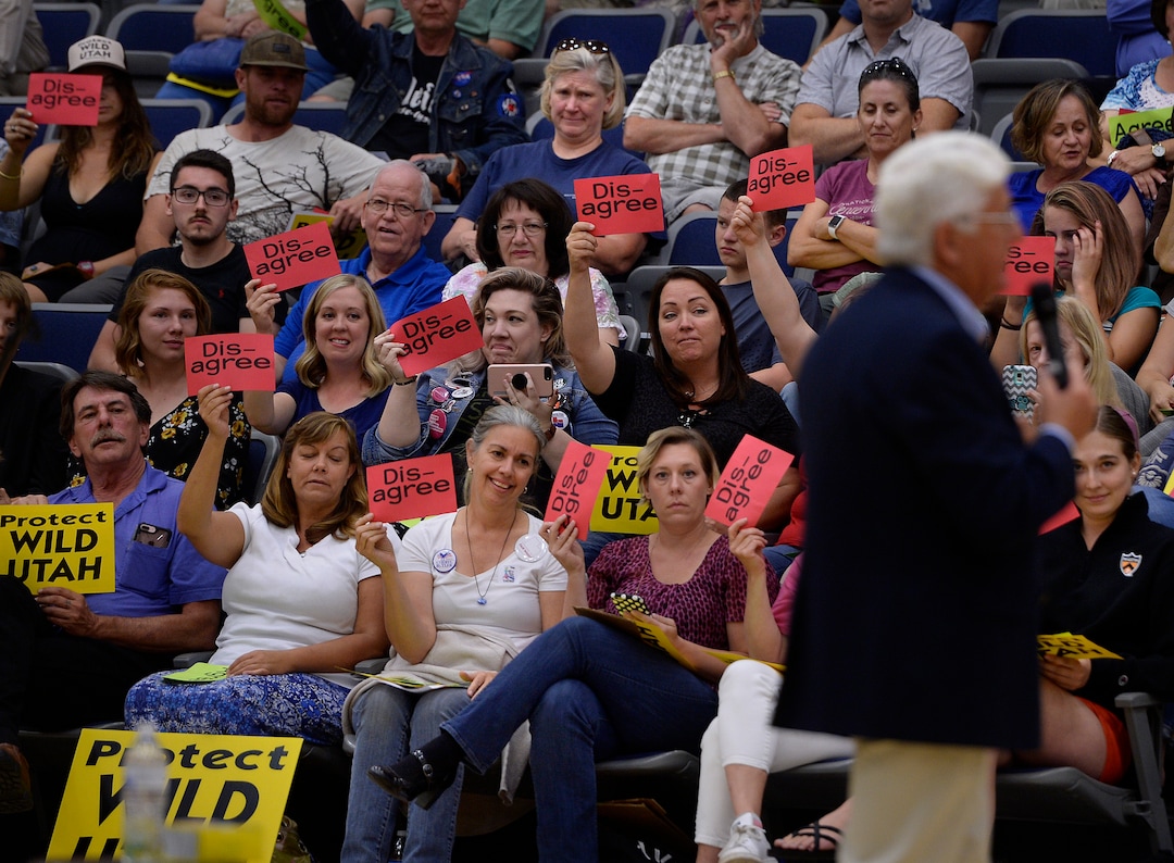 (Scott Sommerdorf   |  The Salt Lake Tribune)   
The crowd reacted as Congressman Rob Bishop addressed a question about public lands during his town hall meeting held at Layton Christian Academy in Layton, Utah, Friday, August 25, 2017.