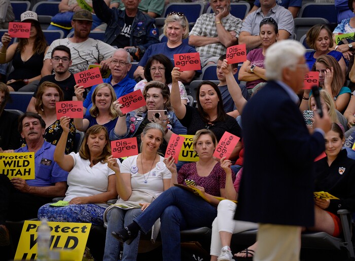 (Scott Sommerdorf   |  The Salt Lake Tribune)   
The crowd reacted as Congressman Rob Bishop addressed a question about public lands during his town hall meeting held at Layton Christian Academy in Layton, Utah, Friday, August 25, 2017.
