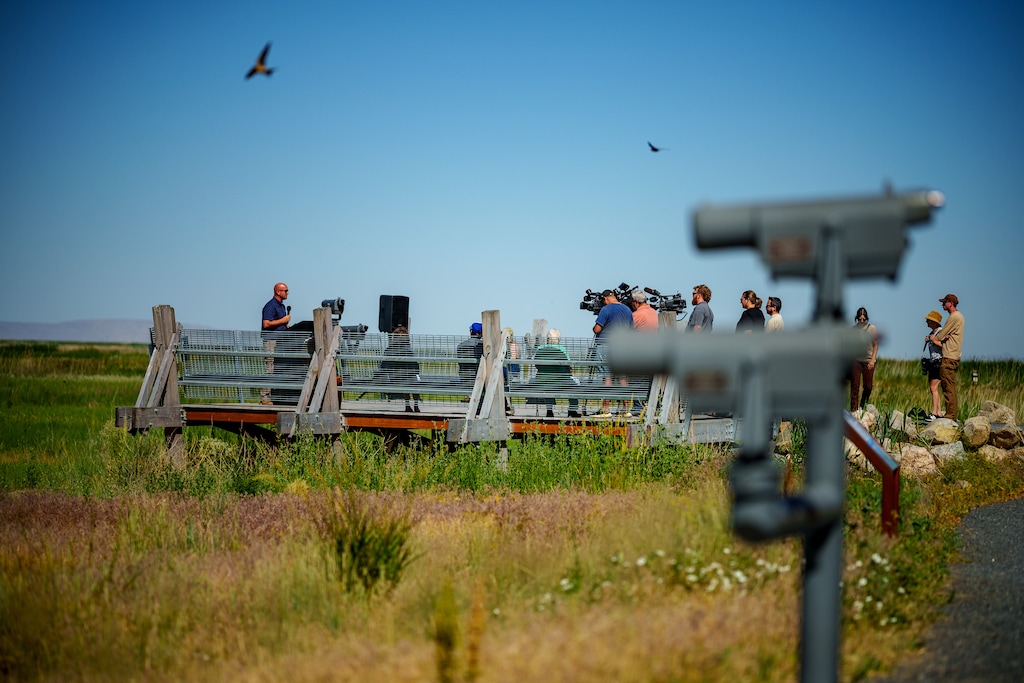 (Trent Nelson  |  The Salt Lake Tribune) Utah Division of Wildlife Resources director Riley Peck speaks at the unveiling of a new viewing platform and the Hasenyager Trail at Eccles Wildlife Education Center in Farmington on June 13, 2025.