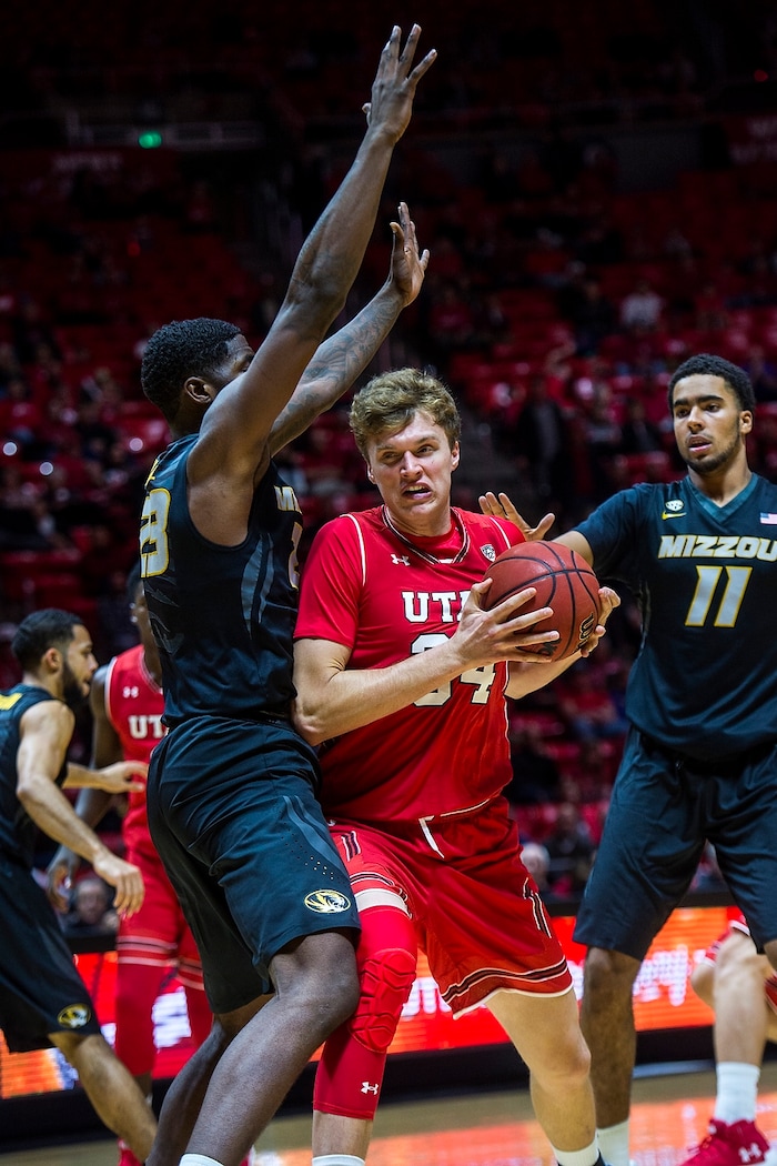 (Chris Detrick  |  The Salt Lake Tribune)  Missouri Tigers forward Jeremiah Tilmon (23) guards Utah Utes forward Jayce Johnson (34) during the game at the Jon M. Huntsman Center Thursday, November 16, 2017.   