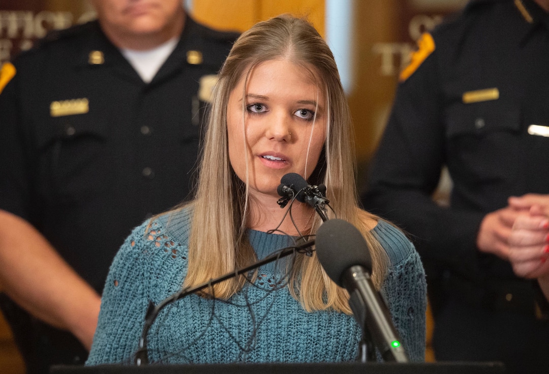 (Rick Egan  |  The Salt Lake Tribune)   Tabitha Bell speaks to reporters during a news conference at the City and County Building, as Paul Cassell made an announcement regarding the Utah Supreme Court Petition on behalf of Jane Does and House Bill 281, Wednesday, April 3, 2019.