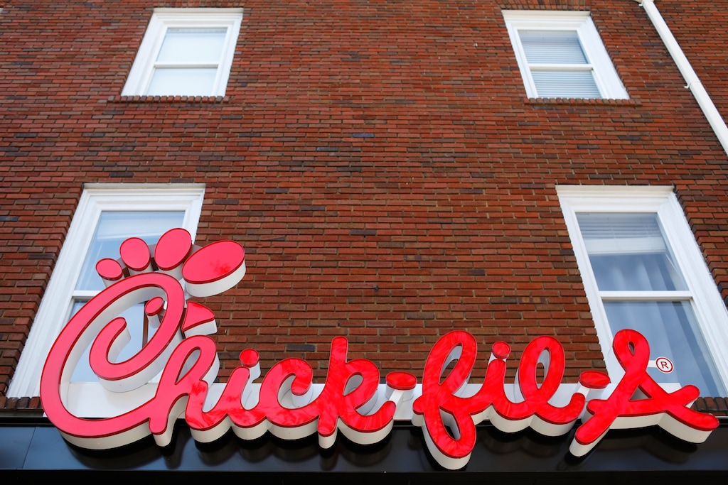 FILE - In this Oct. 30, 2018 file photo, Athens newest Chick-fil-A signage is set to open in downtown, Athens, Ga. Rider University removed the restaurant from a survey asking students what restaurants they would like on campus, "based on the company's record widely perceived to be in opposition to the LGBTQ community." The fast-food chain was included in previous surveys. Chick-fil-A says it has "no policy of discrimination against any group." (Joshua L. Jones/Athens Banner-Herald via AP, File)