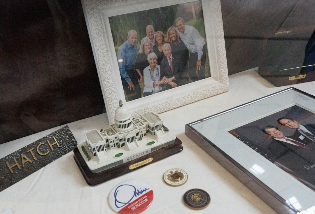 (Francisco Kjolseth | The Salt Lake Tribune) Memorabilia is put on display for U.S. Sen. Orrin Hatch during his viewing at the Utah Capitol on Wednesday, May 4, 2022.