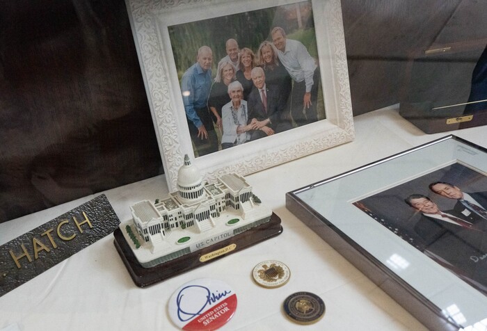 (Francisco Kjolseth | The Salt Lake Tribune) Memorabilia is put on display for U.S. Sen. Orrin Hatch during his viewing at the Utah Capitol on Wednesday, May 4, 2022.